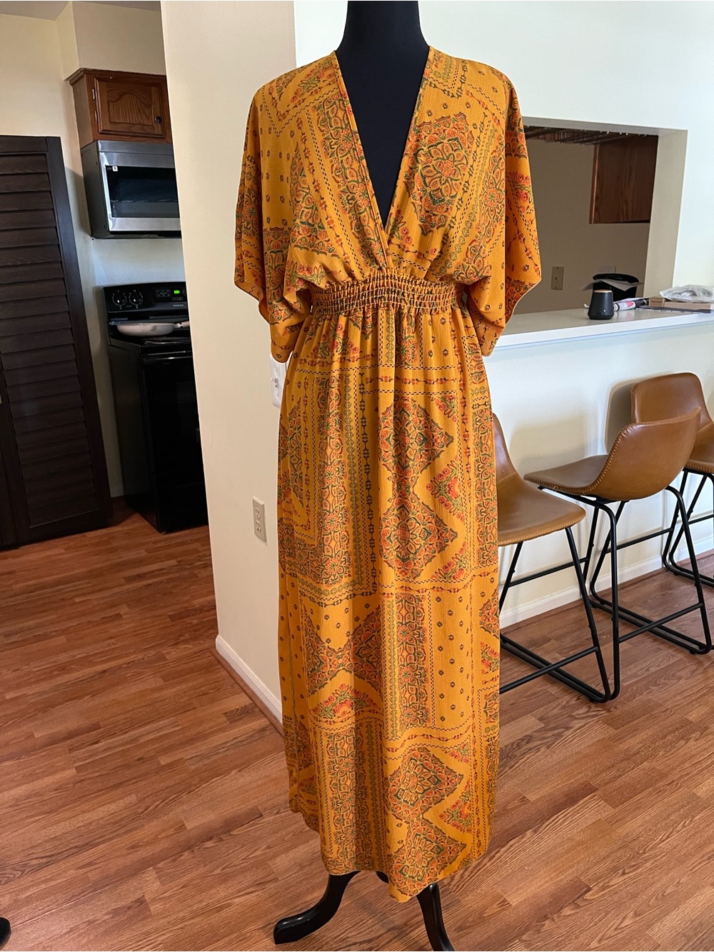 Bohemian Mustard Yellow V-Neck Smocked-Waist Maxi Dress
